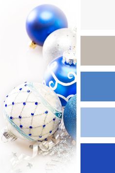 blue and silver christmas ornaments are arranged on a white background with the color swatches