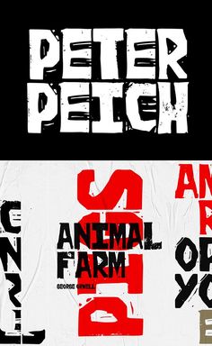 an animal farm poster with the words peter pelch and animals in red, black and white