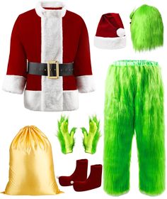 an assortment of costume and accessories including santa's hat, green pants, red jacket