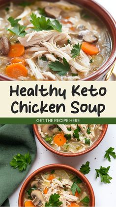 two bowls of healthy keto chicken soup with carrots and parsley