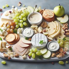 an assortment of cheeses, crackers and nuts on a platter with grapes