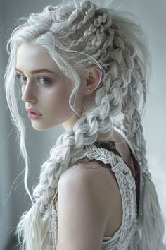 Very Long Hair Hairstyles, White Hair Hairstyles, White Hair Braids, Fantasy Hair Styles, Braid Hacks, Fantasy Hairstyles, Viking Braids, Unique Braids, Long White Hair