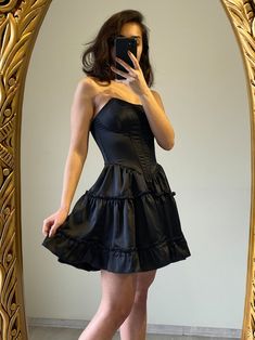 Black Satin Ruffle Bodice Dress /black Short Skirt Corset - Etsy Corset Dress Short, Black Strapless Corset, Strapless Corset Dress, Skirt Corset, Black Corset Dress, Party Dress Black, Short Black Skirt, Dress Ball Gown, Queer Fashion