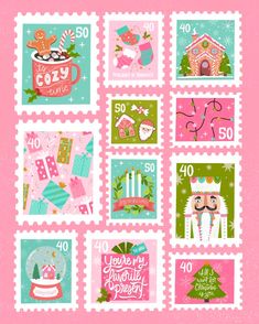 a pink and green stamp with pictures of christmas items on it's front cover