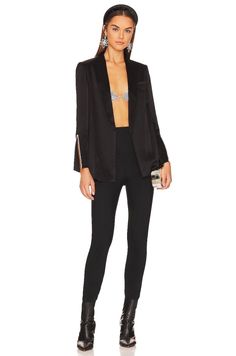 Self: 75% acetate, 25% polyesterLining: 100% polyesterFront hook and eyeSide seam pocketsFront faux welt pocketSplit cuffs with crystal embellishments Chic Stretch Blazer For Party, Chic Stretch Blazer For Formal Occasions, Tailored Blazer With Pockets For Night Out, Fitted Blazer With Pockets For Night Out, Chic Formal Blazer With Zipper Closure, Elegant Office Blazer With Zipper Closure, Elegant Fitted Outerwear For Going Out, Elegant Party Outerwear With Pockets, Elegant Formal Blazer With Zipper Closure