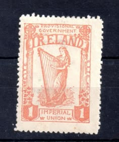 a stamp with an image of a woman holding a harp on it's side