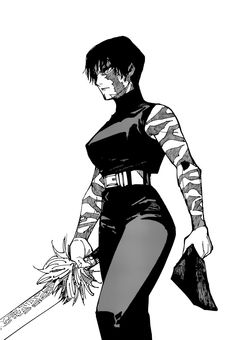 a black and white drawing of a woman holding a knife with flowers in her hand