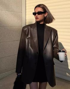 Frat Outfits, Leather Blazer Women, Suede Outfit, Plaid And Leather, Leather Blazer Jacket, Suits Clothing, Long Sleeve Blazers, 가을 패션, Leather Blazer