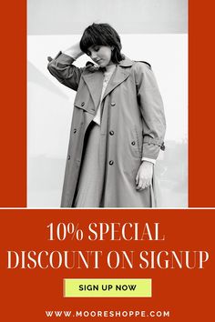 a woman in a trench coat is holding her hand on her head and the words 10 % special discount sign up now