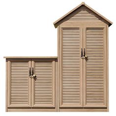 two wooden storage cabinets sitting next to each other on top of a white background,