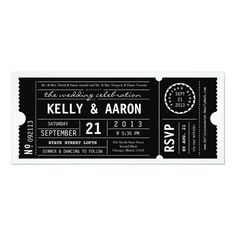 a black and white ticket style wedding save the date card with an image of a clock on it