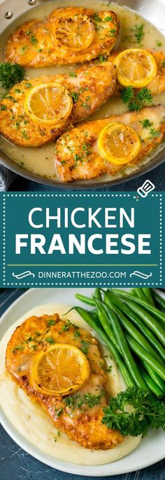 chicken with oranges and green beans in a skillet