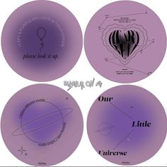 four plates with the names of different planets in purple and black on each plate is an image of a hot air balloon