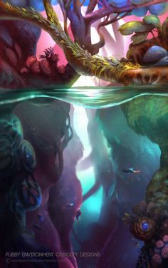 an underwater scene with plants, rocks and other things in the water that look like corals