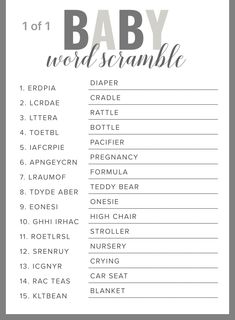 a baby shower game with the words, baby names and numbers in grey on it