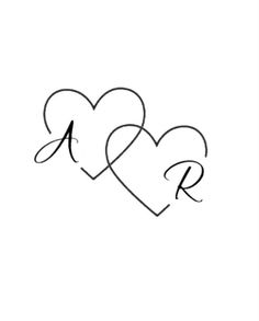 two hearts with the letter r on them and an arrow in the middle is drawn by hand