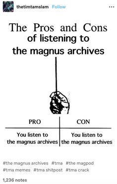 an ad for the pros and cons of listening to the magus archives