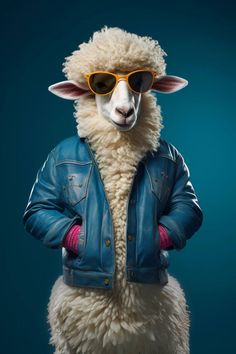 a sheep with sunglasses on its head wearing a blue leather jacket and pink gloves, standing in front of a dark background