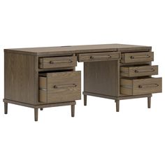 an office desk with two drawers on each side