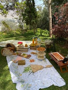 an outdoor picnic with food and drinks on the grass in front of some trees,