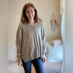 Nwt Taupe/Tan Super Soft And Cozy Tunic Length Perfect For Leggings V Neck Tunic Length, Tunic Sweater, Colorful Sweaters, Womens Tops, Leggings, V Neck, Women Shopping, Color