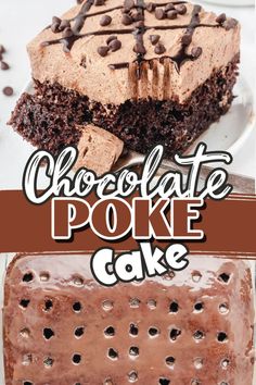 chocolate poke cake on a plate with the title above it