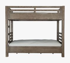 a wooden bunk bed with white sheets and pillows on it's bottom level, against a white background