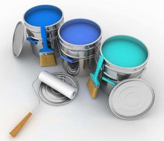 several paint cans with different colors and brushes