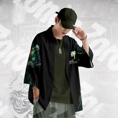 Pump up your streetwear with our new Kimono x Irezumi design. Made truly for the Modern Warriors. 👹 Premium Polyester Material👹 Conventional Thickness👹 Summer Kimono 👹 High-Quality Print Design 👹 Unisex 👹 Inner shirt not included 👹 Head-Turner Guaranteed Casual Cotton Kimono With Relaxed Fit, Black Kimono Sleeves Top For Spring, Black Cotton Harajuku Shirt, Black Cotton Harajuku Style Shirt, Casual Black Tops With Kimono Sleeves, Green Printed Shirt For Streetwear, Spring Streetwear Techwear Tops, Spring Techwear Tops For Streetwear, Casual Cotton Printed Kimono