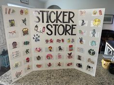 a display board with stickers on it