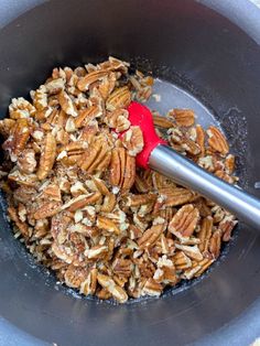 pecans in a bowl with a red spoon