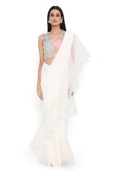 Off white plain pre-draped ruffle saree. Paired with a floral applique work blouse. - Aza Fashions Fitted Draped White Blouse, Fitted White Draped Blouse, White Draped Fitted Blouse, White Fitted Draped Blouse, Off White Saree, Applique Blouse, Ruffle Sarees, Payal Singhal, Applique Work