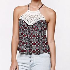 Razorback tank w/ crochet top Black white and burgundy design razorback tank with crochet top. Brand is LA HEARTS. Bought from pacsun. Brand new never worn PacSun Tops Tank Tops Casual Summer Halter Top With Crochet Trim, Casual Crochet Trim Halter Top For Spring, Casual Spring Halter Top With Crochet Trim, Casual Halter Top With Crochet Trim For Spring, Casual Crochet Lace Halter Neck Top, Casual Crochet Lace Halter Top For Spring, Casual Halter Neck Top With Crochet Lace, Burgundy Design, Crochet Bib