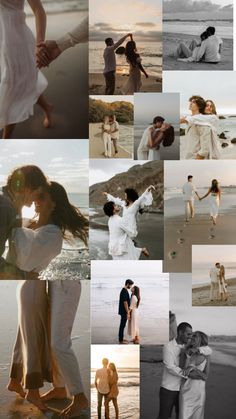 a collage of people standing on the beach with their arms around each other