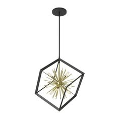 a light fixture hanging from the ceiling with an iron frame and glass starburst