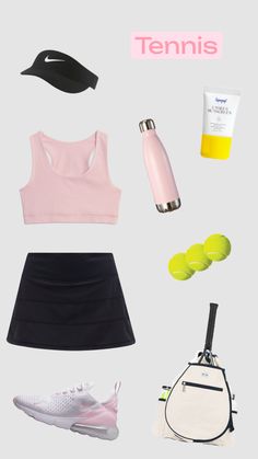 the contents of a woman's tennis outfit are arranged on a white background with pink and black accessories