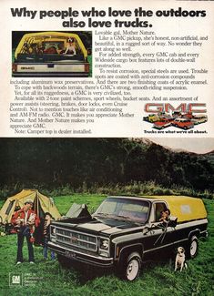 an advertisement for gmc trucks with two men standing next to the truck and tent