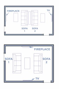 the floor plan for a living room with two separate sofas and one fire place