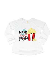 Girls Valentine's Day Shirt Pop, pop, hooray! Our Girls Valentine's Day Shirt is here to add a dash of fun to the celebration. With an adorable 'You Make my Heart Pop' design, this shirt is popping with love and style. A playful choice for your little popcorn lover! 🍿💖 Details 100% cotton white; short + long sleeve lengths unisex, kids fit heat transfer apparel decorating method made in Philadelphia, PA by a certified woman-owned, black-owned, small business Processing Time Orders are processe White Pop Culture Slogan Tops, White Pop Culture Tops With Slogan, White Pop Culture Slogan Top, Fun Long Sleeve Slogan Tops, Cute Graphic Print Top For Birthdays, Fun Long Sleeve Slogan T-shirt, Fun Long Sleeve Tops For Birthday, Playful White Top With Text Print, Pop Culture Birthday Tops With Letter Print