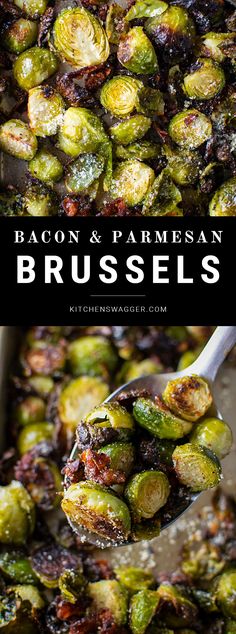 bacon and parmesan brussel sprouts in a pan with a spoon