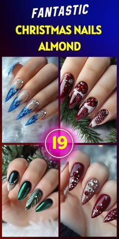 Christmas Nail Art Almond, Unique Manicure Designs, Nail Design Almond Shape Classy, Christmas Full Set Nails, Red Christmas Nails Almond Shape, Almond Holiday Nails Christmas, Almond Shaped Holiday Nails, Winter Nail Ideas Almond Shape, Almond Shaped Christmas Nail Designs