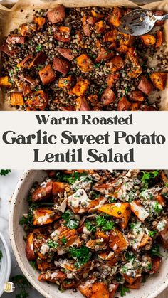 roasted garlic sweet potato lentil salad in a white bowl