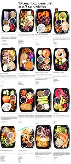 a bunch of different types of food in trays