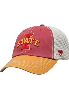 This Iowa State Cyclones Red Adjustable Hat features a front embroidered team logo. 3-D front raised embroidery, Vintage washed cotton on crown and bill with contrast stitching, Soft mesh on back with adjustable snapback, Pre-curved visor, Unstructured crown, Cotton/Poly Blend, Washable, 4 Front Raises, Embroidery Vintage, Raised Embroidery, Iowa State Cyclones, Team Gear, Iowa State, Top Of The World, Adjustable Hat, Team Colors