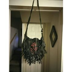 Beautiful Fringe Handbag With Rose On It Black Leather Hobo Bag With Mobile Phone Holder, Fringe Handbags, Genuine Leather Handbag, Leather Handbag, Leather Handbags, Black Red, Leather Bag, Reusable Tote Bags, Genuine Leather