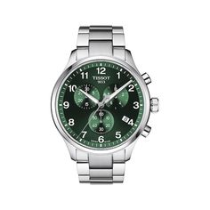 The Tissot Chrono XL Classic quartz watch offers a great sport look with an on-trend style. The 45mm stainless steel case features a green chrono dial with subdials, date display, Superluminova® details and scratch-resistant sapphire crystal The two-tone stainless steel bracelet secures with a push-button folding clasp Water-resistant to 100 meters Formal Watches For Men, Tissot Chronograph, Swiss Luxury Watches, Tissot Watches, Mens Chronograph, Luxury Watch Brands, Chronograph Watch Men, Bracelet Cuir, Classic Watches