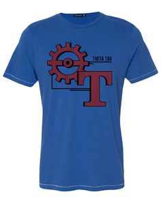 a blue t - shirt with red and black letters on it