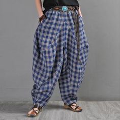 Celana Harem, Kappa Pants, Striped Harem Pants, Linen Harem Pants, Colour Blocking Fashion, Blue Grid, Elephant Pants, Pants Linen, Balloon Pants