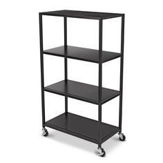 a black shelf with four shelves on wheels