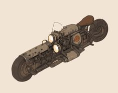 an old motorcycle with wheels and lights on it's front wheel is shown in this drawing